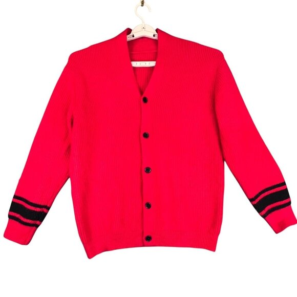 Mens Medium Cardigan Red Sweater Grandpa Core Black Stripe Knit Casual Classic - Picture 1 of 9